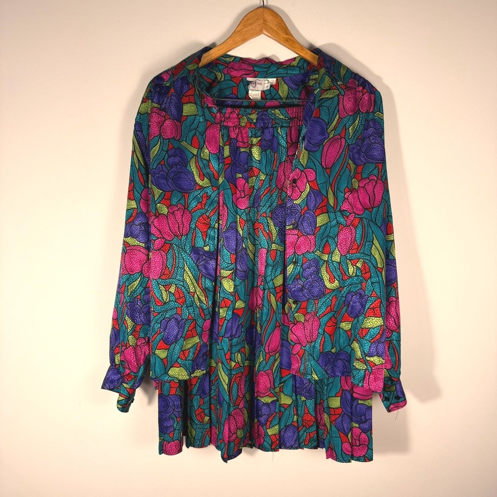Vintage Tan Jay Floral Tulip Stained Glass Skirt and Blouse Set Pink Teal 14 16